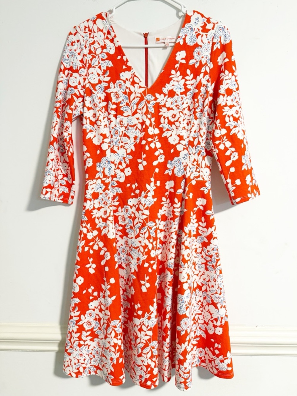 Jude Connally Orange Floral V-Neck Fit & Flare Dress Size S Made in USA